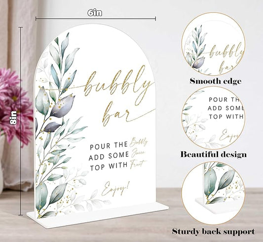 Acrylic Wedding Signs, Greenery Theme Bubbly Bar Sign, Wedding Reception Signage, Bridal Shower Table Decor with Stand, Engagement, Anniversary, Newlywed Events and Parties Supplies, 04