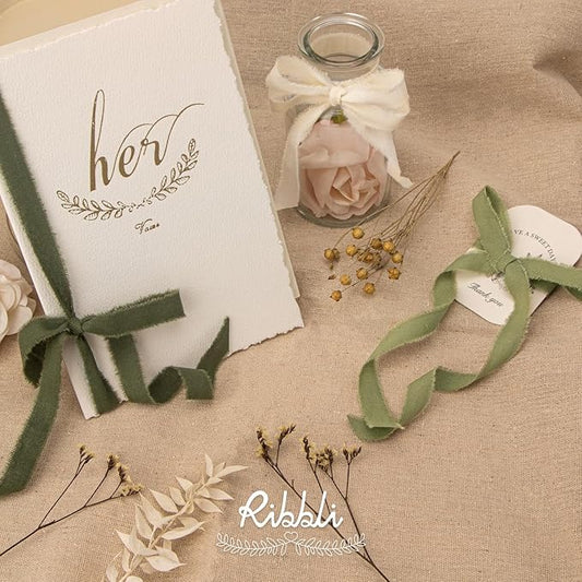 Ribbli 3 Rolls Green Ribbon 5/8 Inch x 18Yards Ivory Sage Moss Handmade Cotton Frayed Fringe Ribbons for Gift Wrapping Wedding Invites Bridal Bouquets Baby Shower DIY Crafts Home Decor