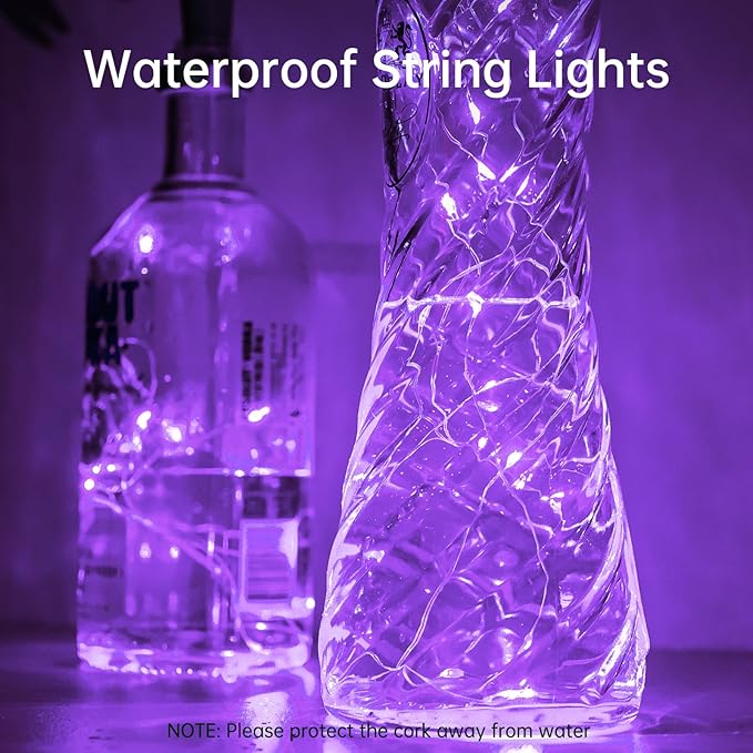 Aluan Wine Bottle Lights with Cork 10 Pack 20 LED Waterproof Halloween Fairy Light Battery Operated, Mini LED Cork Lights for Liquor Bottles Wedding Table Decor Party Jar Bar Table Decoration, Purple