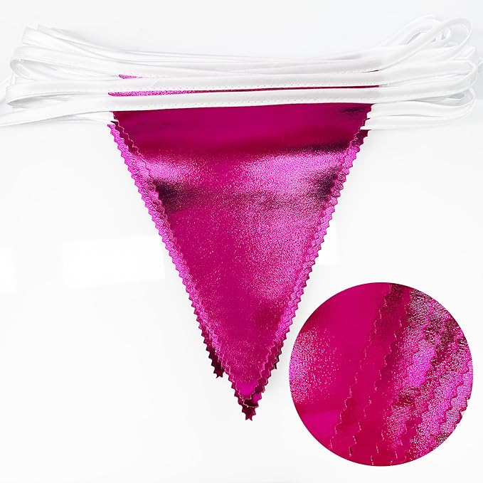 Hot Pink Party Decorations Triangle Pennant Banner Flag Rose Pink Metallic Fabric Bunting Garland for Birthday Bachelorette Wedding Bridal Shower Anniversary Flamingo Theme Party Supplies