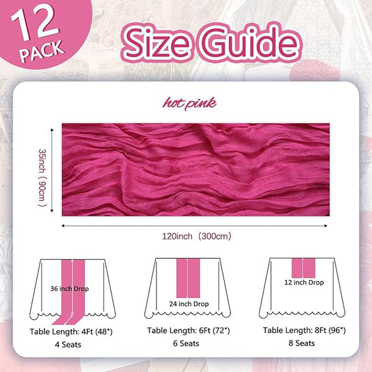 12 Pack Hot Pink Cheesecloth Table Runner 10ft Boho Gauze Fabric Cheese Cloth Table Runner 35 x 120 Inch Rustic Sheer Runner for Romantic Wedding Decor Baby Shower Party Table Centerpiece Decoration