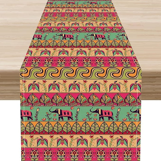 Boho Table Runner, Indian Bohemian Elephant Mandala Paisley Floral Hippie Art Print Table Center Decor for Home Kitchen Dining Patio Holiday Party Indoor Outdoor Table Decorations, 13"x36" Inch