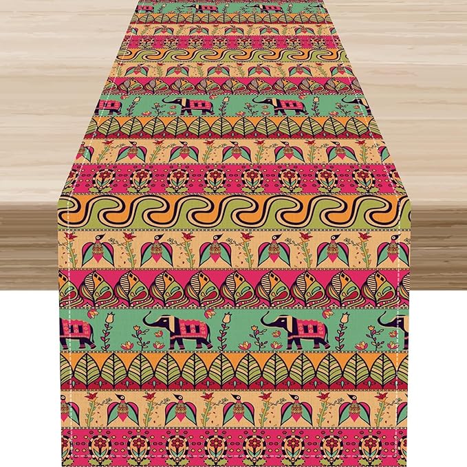 Boho Table Runner, Indian Bohemian Elephant Mandala Paisley Floral Hippie Art Print Table Center Decor for Home Kitchen Dining Patio Holiday Party Indoor Outdoor Table Decorations, 13"x108" Inch