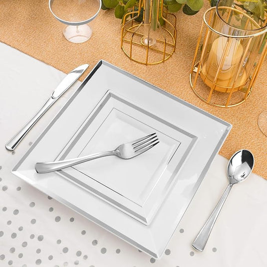 Goodluck 352 Piece Silver Dinnerware Set for 50 Guests, Square Plastic Plates with Silver Trim, Include: 100 Plastic Plates, 50 Rolled Napkins, 50 Cups, 50 Cutlery Set and 2 Tablecloth