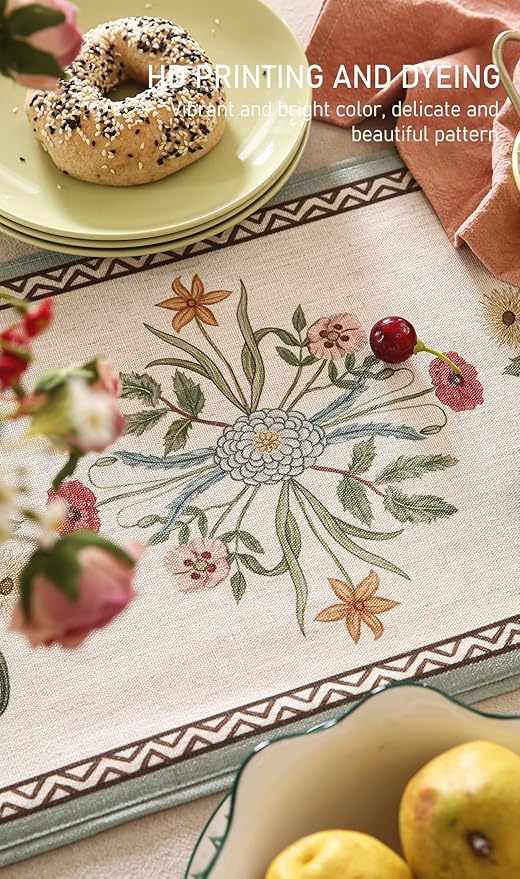 ISAENNE Designer French Country Linen Table Runner 71 Inches Long,Elegant Colorful Floral Pattern Table Runners for Dining Tables,Thanksgiving,Christmas,Kitchen Decor,12"*71"-Serenity F