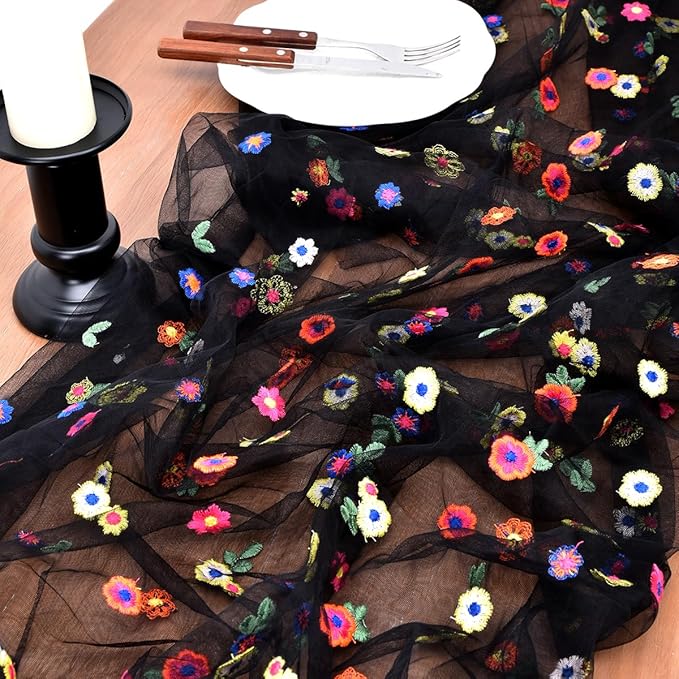 Joanlody Black Embroidery Daisy Fall Thanksgiving Table Runner 10ft Florals Seasonal Tulle Table Runner Holiday Kitchen Dining Table Decoration for Home Party Indoor