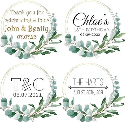 Custom Stickers for Weddings, Birthdays & Businesses - Personalized Labels with Your Logo - Waterproof, Fade and Heat Resistant - Pack of 100-1000 (Wreath B, 3.5 Inch)