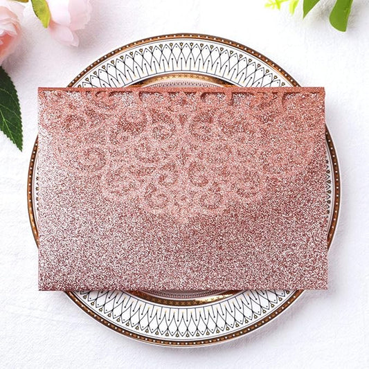PONATIA 5.12 X 7.2 Rose Gold Glitter Wedding Invitations, 20PCS Tri-Fold Laser Cut Invitations Pockets With Envelopes For Wedding Bridal Shower Engagement Quinceanera Invitations (No Inner Sheet)
