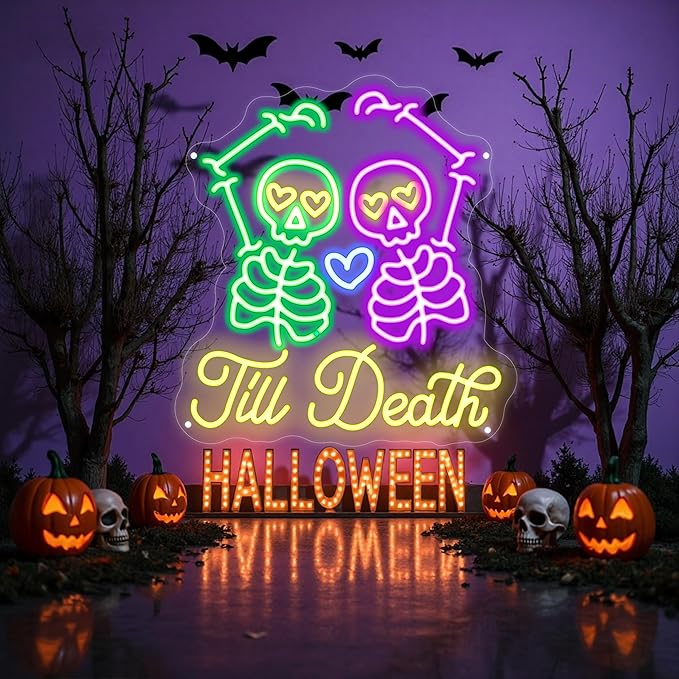 Skull Till Death Neon Sign, Halloween Wall Sign, Horror Decor Wall Skull Neon Sign for Wedding Engagement Party Bridal Shower Decor Til Death Do Us Party Valentines Day Gifts