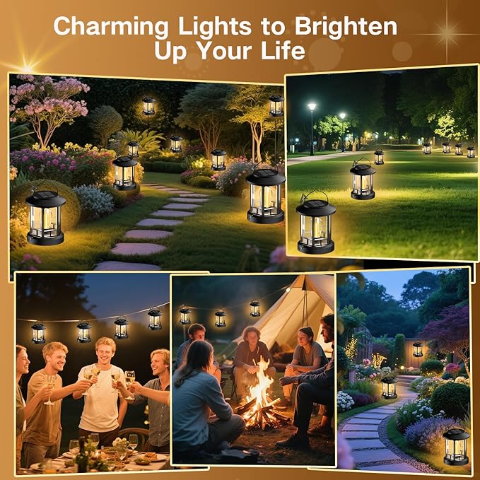 Solar Lights Outdoor Hanging Lantern, Solar Lanterns Waterproof for Patio Decor with Clip, Retro High Brightness Solar Powered Hanging Lamp for Garden, Path, Walkway, Porch, Pack 2