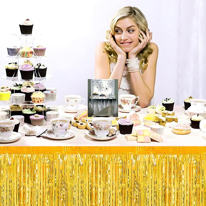 3 Pack 29x108 Inch Gold Foil Fringe Table Skirts Metallic Banner for Tinsel Streamer Garland Backdrop for Parade Floats Wedding Thanksgiving Birthday Christmas Halloween Party Decoration