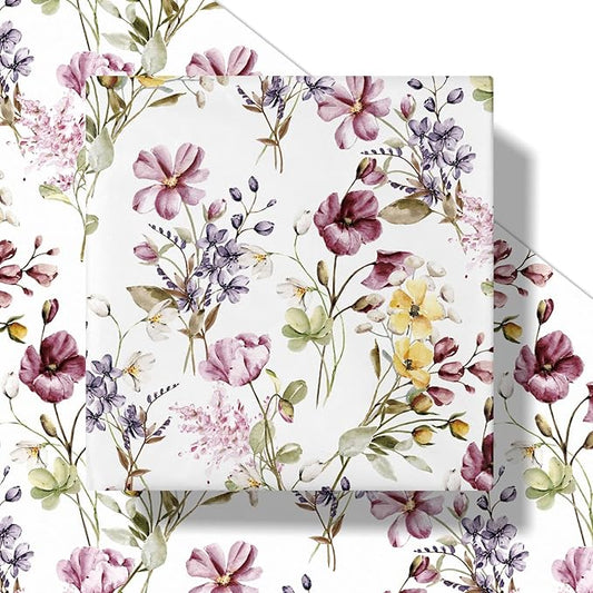RUSPEPA Floral Wrapping Paper Roll Women Girls, Mini Roll, Watercolor Wild Flower with Delicate Leaf Gift Wrap Paper for Wedding, Birthday, Mother's Day, Spring, Bridal Shower, 17 Inch X 16.4 Feet