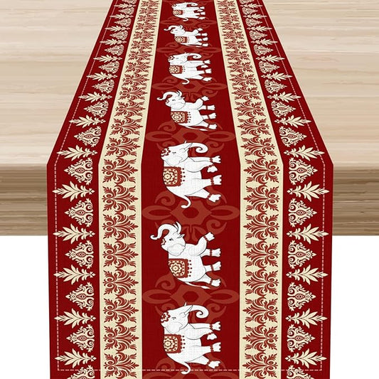 Boho Elephant Table Runner, Vintage Tribal Traditional African Animals Ethnic Folk Red Table Center Decor for Home Kitchen Dining Patio Holiday Party Indoor Outdoor Table Decorations, 13"x36" Inch