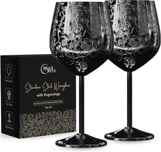 Stainless Steel Wine Glasses - Set of 2 Etched 16 oz Metal Goblets, Unbreakable Rose Gold Cups for Camping, Travel, Outdoor Events, Picnics, Luxury Wine Gifts for Women and Men