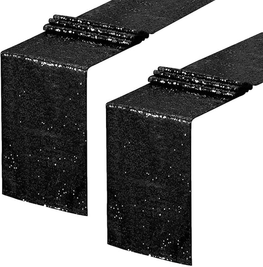 Sequin Table Runners 2 Pieces Black Table Runners 12x72Inch Glitter Dining Table Cover for Party Wedding Birthday Reception Banquet Decoration Halloween Party Chair Sashes