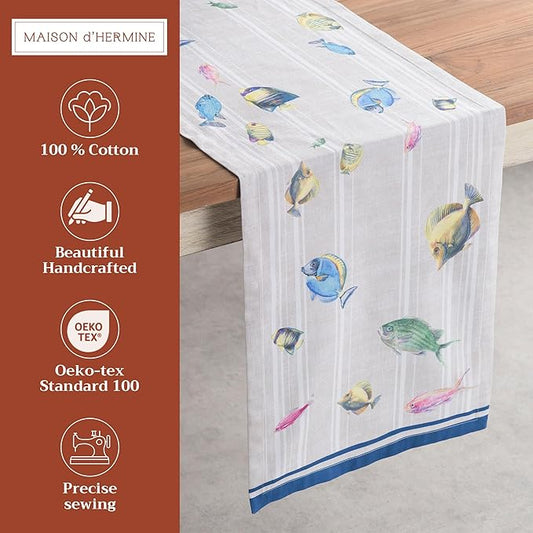 Maison d' Hermine Table Runner 100% Cotton Single Layer Table Runners 108 inches Long Decorative for Home Kitchen Dining Party Baby Shower Wedding Bridal Shower Spring Summer (Poisson, 14.50" x 108")