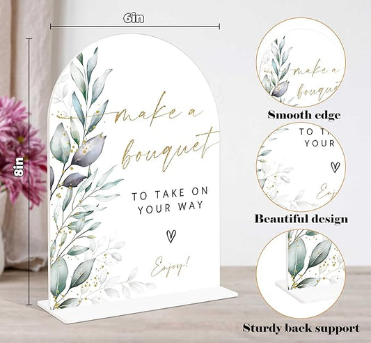 Acrylic Wedding Signs, Greenery Theme Make a Bouquet Sign, Wedding Reception Signage, Bridal Shower Table Decor with Stand, Engagement, Anniversary, Newlywed Events and Parties Supplies, 02