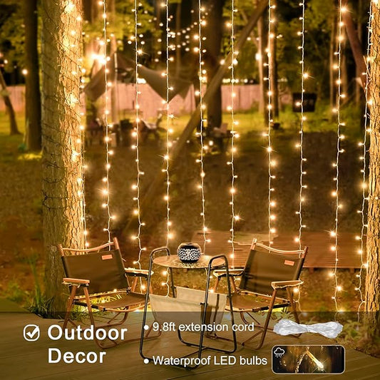JMEXSUSS 600 LED Christmas Curtain Lights Outdoor, 9.5x19.6ft Christmas String Light Plug in with Remote, 8 Modes Wall Hanging Lights for Bedroom Party Backdrop Wedding Xmas Decor, Warm White