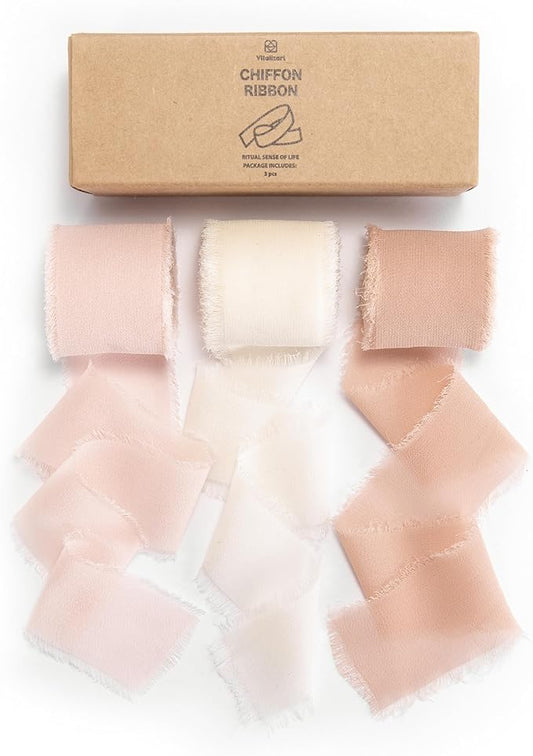 Vitalizart Pink Handmade Chiffon Silk Ribbon Fringe 1.5" x 21 Yd Blush Pink & White Frayed Edges Ribbons for Wedding Invitations Bridal Bouquets Gifts Wrapping Crafts Holiday Party Decorations
