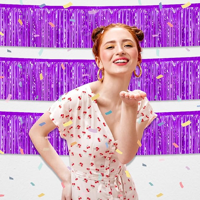 3 Pack 10 Feet Purple Foil Fringe Garland Metallic Tinsel Streamers Banner Wall Hanging Curtain Backdrop for Parade Floats, Christmas Day, Valentine's Day, Thanksgiving, Birthday Party Decorations