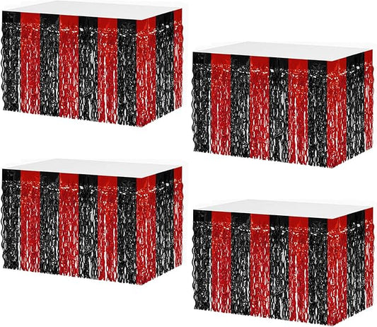 4P Wavy Metallic Tinsel Foil Fringe Table Skirts for Rectangle Tables Backdrop Garland Curtains for Parade Floats Wedding Birthday Parties Decoration Graduation 2025 Christmas (Black Red)