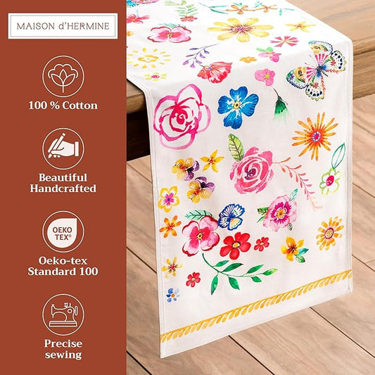 Maison d' Hermine Table Runner 100% Cotton Double Layer Table Runners 108 inches Long Decorative for Home Dining Party Wedding Bridal Shower Spring Summer (Happy Florals - Sweety, 14.50" x 108")