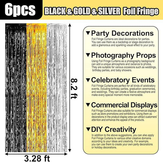 6 Pack Black Gold Silver Foil Fringe Curtain Backdrop, 3.28Ft x 8.2Ft Metallic Tinsel Foil Fringe Streamer Curtains for Photo Booth, Birthday, Wedding, New Year Party Decorations