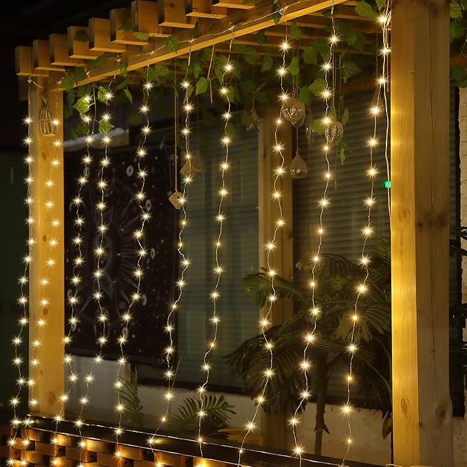 Meonum Curtain Tapestry Backdrop String Lights, Each 13 Strings 6.6 x 5 ft Tapestry Fairy String Light, 8 Modes Window Wall Hanging Light Strings for Bedroom Christmas Curtain Decor(2 Pack)