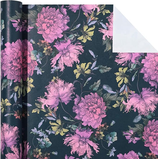WRAPAHOLIC Kraft Floral Wrapping Paper Roll - Mini Roll - 17 Inch x 16.5 Feet - Vintage Flower Wrapping Paper Perfect for Wedding, Birthday, Bridal Shower, Tea Party