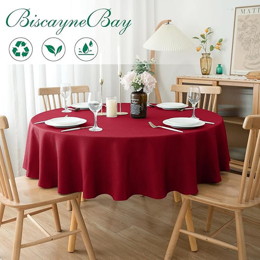 Biscaynebay 2 Pack Textured Fabric Round Tablecloths 60", Red Water Resistant Tableclothes Small Circle Folding Table Covers Linen for Dining, Kitchen, Wedding, Parties etc Machine Washable