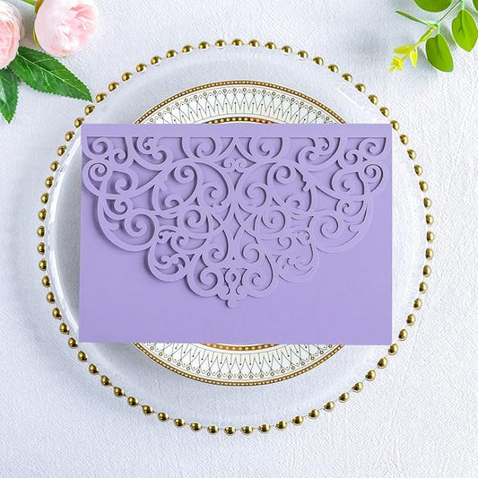 ponatia 20PCS Lilac Quinceanera Invitation Cards, Tri-Fold Laser Cut Wedding Invitations Pockets with Envelopes for 5x7 Wedding Invitation Crads, XV Anos, Baby Shower Party Invite