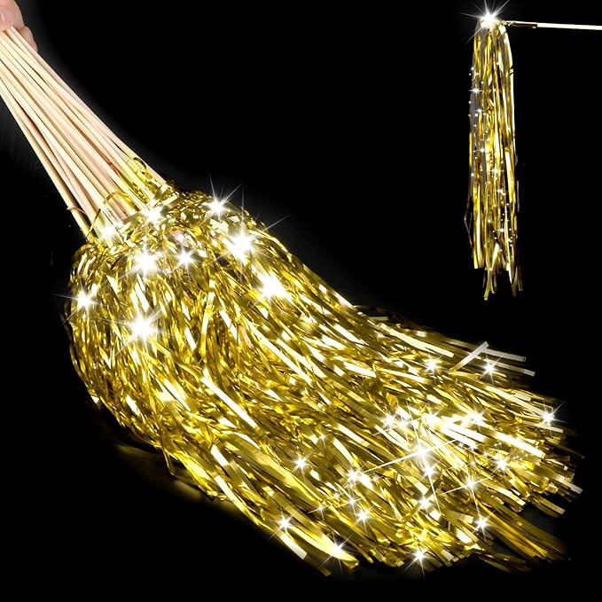 100 pcs Wedding Wands Light up with LED Tinsel Wedding Streamers for Wedding Send off and Greeting Ideal Props for Weddings, Birthday Parties, Christmas Cheerleading Games (Gold)