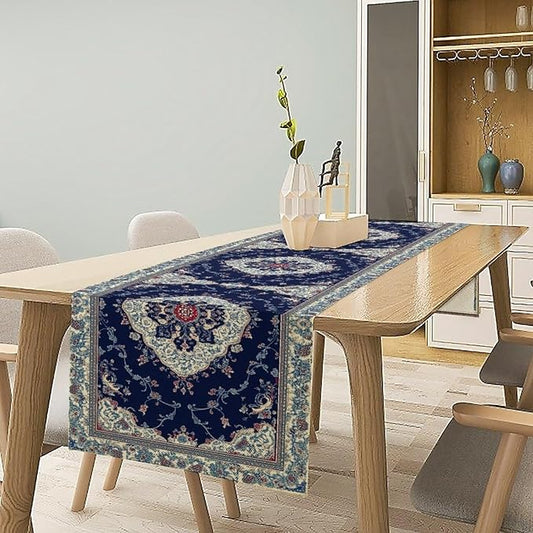 Elegant Palace Boho Blue Table Runner Vintage French Style Farmhouse Geometric Home Farmhouse Kitchen Table Dining Coffee Room Garden Party Wedding Decor 13x120in