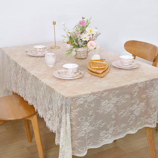 LuoluoHouse Pack of 6 Lace Tablecloth Ivory Table Fabric 60x120 Inch for Rustic Boho Wedding Bridal Shower Party Decorations Rectangle Overlay Long Vintage Embroidered Reception Table Cloth Decor