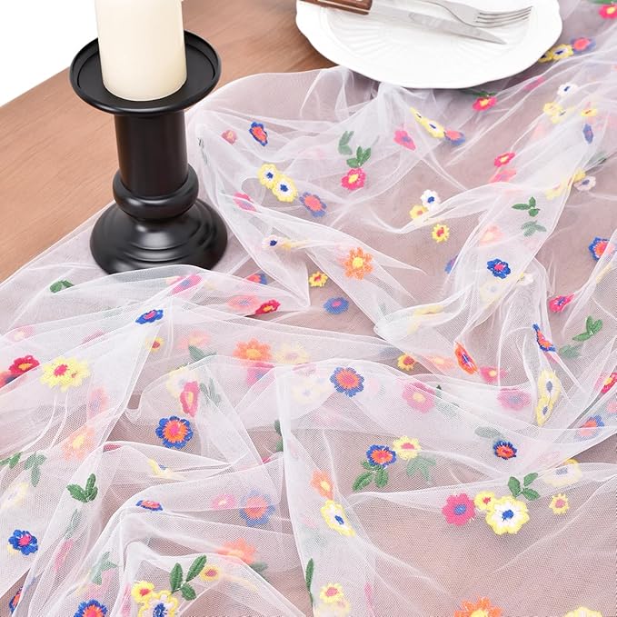 Joanlody Ivory Embroidery Daisy Fall Thanksgiving Table Runner 10ft Florals Seasonal Tulle Table Runner Holiday Kitchen Dining Table Decoration for Home Party Indoor