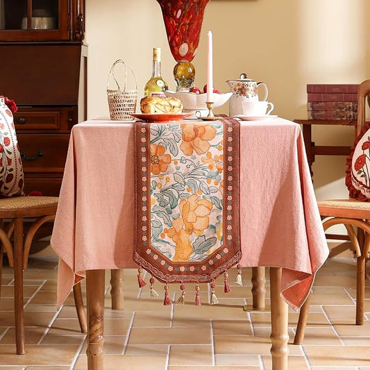 Designer Vintage Orange Floral Table Runner,French Farmhouse Soft Linen Table Runners 94 Inches Long,Decor Tabletop for Kitchen,Dining,Party,Tea Party,Christmas,16"*94"