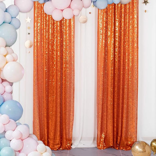 ShinyBeauty Sequin Backdrop, Orange Backdrop Curtains,8 Pieces 2FTx8FT Photo Backdrops,Sparkle Fabric, Glitter Drapery 16x8FT, Shimmer Curtain Panels for Party,Birthday,Halloween Decor Backgrounds