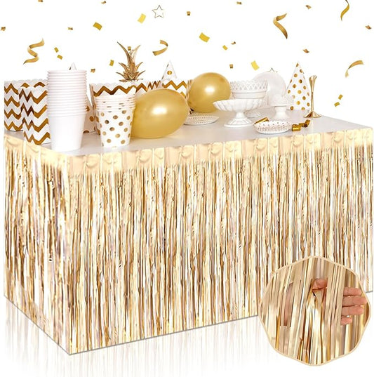 3 Pack 29 x108 Inch Champagne Gold Foil Fringe Table Skirts Metallic Banner for Tinsel Streamer Garland Backdrop for Parade Floats Wedding Thanksgiving Birthday Christmas New Year Party Decoration