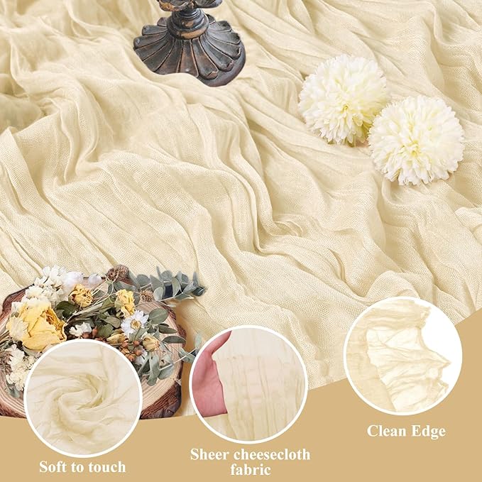 Asee'm 2pcs Cheesecloth Table Runner 120 Inches Long Beige Boho Gauze Cheese Cloth Runner 10FT Rustic Sheer Table Runners for Christmas Wedding Party Baby Shower Spring Easter Decoration