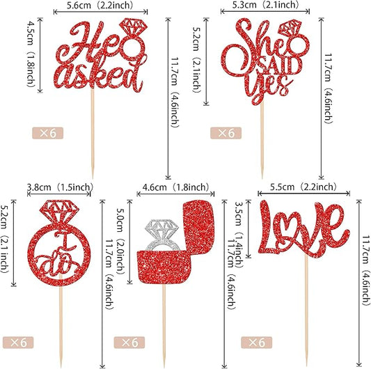 30 PCS He Asked She Said Yes Cupcake Toppers Diamond Ring Cupcake Picks Love I Do Bridal Shower Cupcake Decorations for Wedding Enaggement Theme Party Cake Decorations Supplies Red
