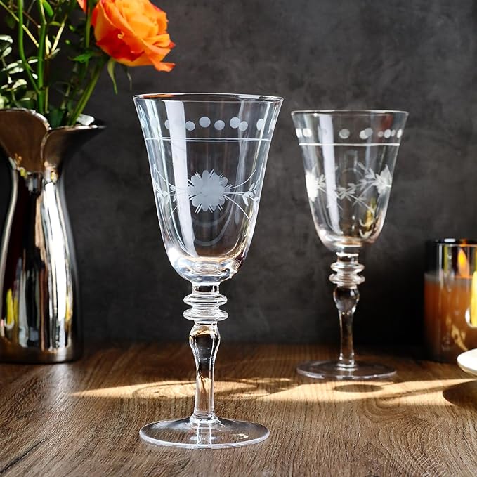 Premium Delight Wine Glasses Set of 4, 14.2 oz – Hand-Blown with Etched Long Stem, Classic Glassware for Weddings, Dinners, and Holiday Gifting (Vintage Wine Glasses)
