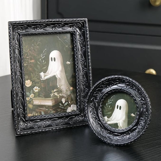 Cuspin Black Picture Frame Set of 2 Vintage Baroque Frames, Ornate Resin Photo Frame with 4x6 Picture Frame and 3x3 Round Frame, Antique Decorative Design for Tabletop Display or Wall Hanging