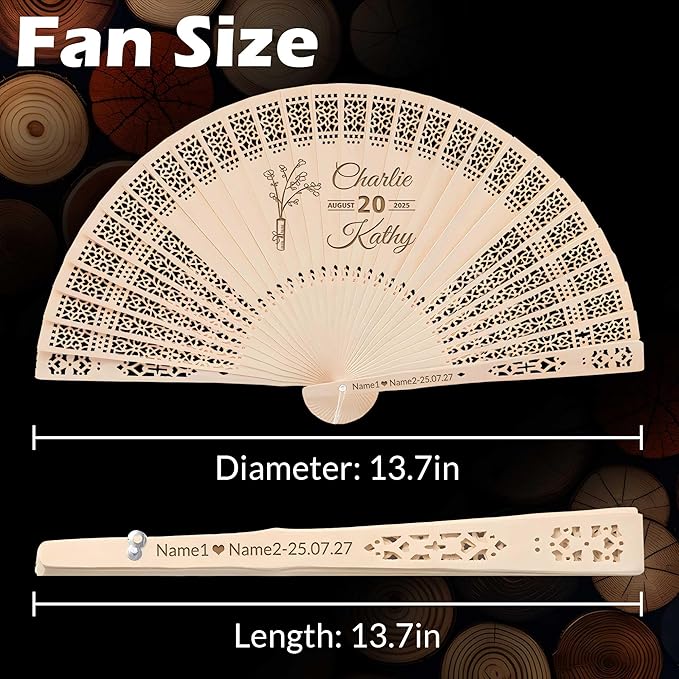 100 PCS Custom Fans Personalized Folding Fans for Line Dancing Wooden Hand Fan Wedding Favors Bulk Fans for Guests Party Event Use (Style12)