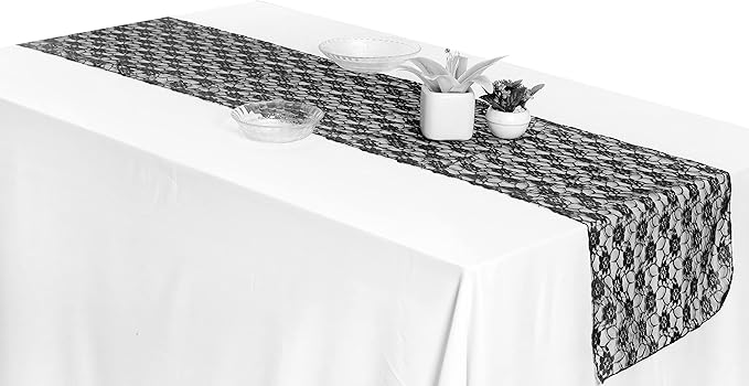 MDS Pack of 25 Wedding 12 x 108 inches Lace Table Runner for Wedding, Decorations for Birthday Parties, Banquets, Graduations, Engagements, and Runners fit Rectangle, Round Table- Black