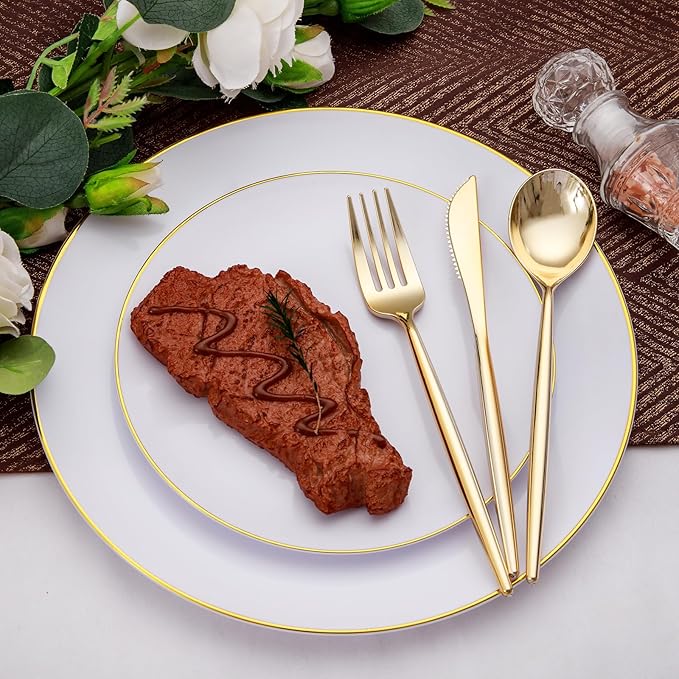 Rubtlamp 90Pcs Gold Plastic Silverware, Gold Disposable Utensils, Plastic Cutlery Include 30 Plastic Knives, 60 Forks and Spoons, Fancy Plastic Silverware Heavy Duty for Party, Wedding