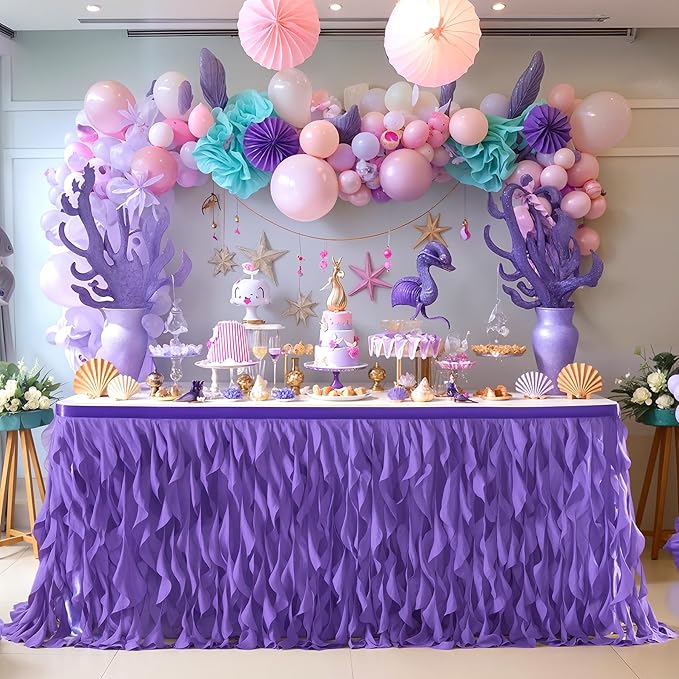 Partisky Mermaid Purple Tulle Curly Willow Table Skirt for Rectangle Table 14ft, Ruffle Tutu Table Cloth for Girls Boys Baby Shower,Mermaid Birthday Party