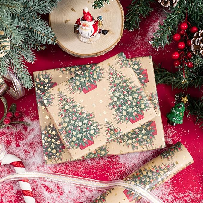 RUSPEPA Kraft Christmas Wrapping Paper Roll, Mini Roll, Gold Foil Christmas Tree Design, Elegent Kraft Gift Wrap Paper Great for Xmas Gifts, Winter and Holidays, 17 Inches X 16.4 Feet