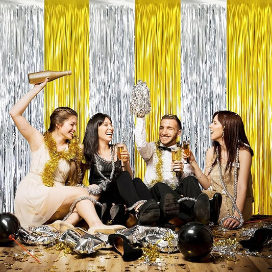 GOER 6.4 ft x 8.2 ft Metallic Tinsel Foil Fringe Curtains Party Backdrop Party Streamers for Birthday,Graduation,New Year Eve Decorations Wedding Decor (2 Pcs,Gold&Silver)