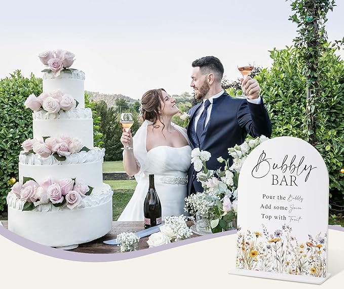Wedding Signs for Ceremony and Reception, Boho Floral Acrylic Bubbly Bar Sign, Wedding Signage with Stand, Bridal Shower Table Centerpieces, Supplies for Engagement Reception and Event Party, 23