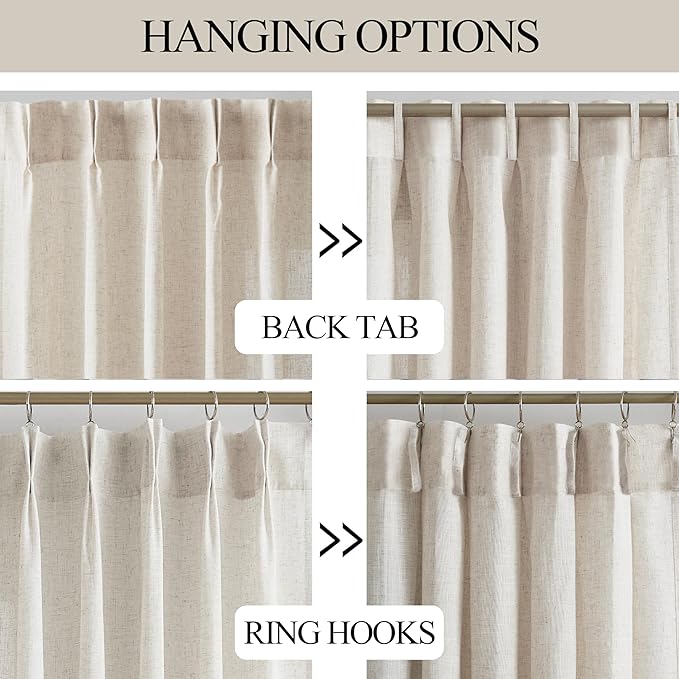 Vision Home Natural Pinch Pleated Semi Sheer Curtains Textured Linen Blended Light Filtering Window Curtains 120 inch for Living Room Bedroom Patio Pinch Pleat Drapes with Hooks 1 Panel 84" Wx120 L